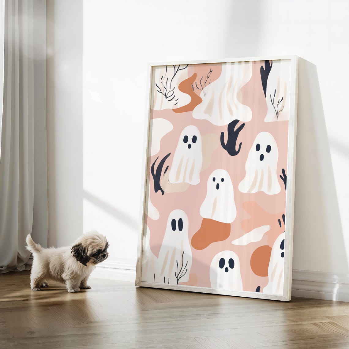 Cute Ghost Pattern On Blush Pink Modern Halloween Art Poster - Image 3