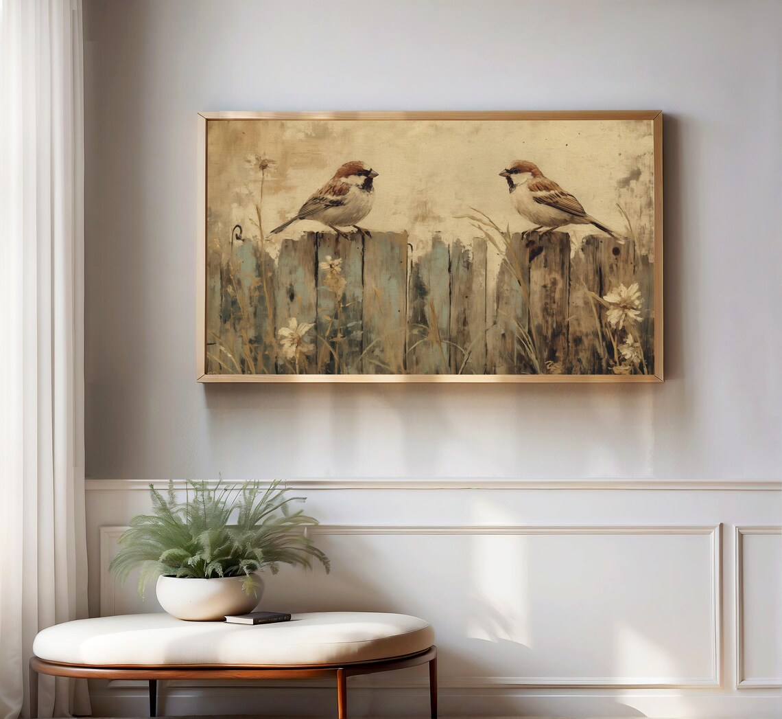 Two Sparrows Perched On Weathered Wooden Fence Wildflowers Vintage Art Print - Image 3