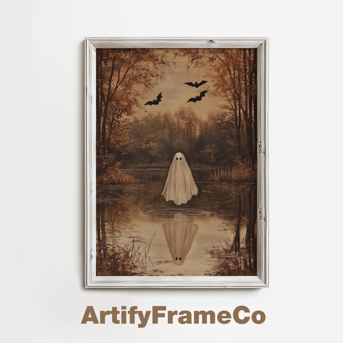 Ghost Over an Autumn Lake With Reflection Vintage Halloween Oil Painting Wall Art