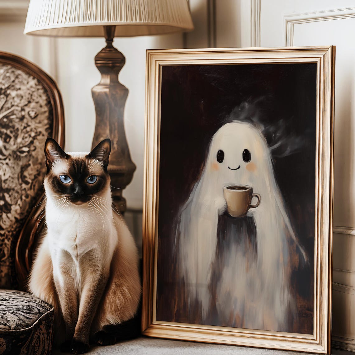 Cute Ghost Holding Coffee Cup Wall Art Spooky Halloween Vintage Ghost Painting Dark Academia Art For Kitchen - Image 3