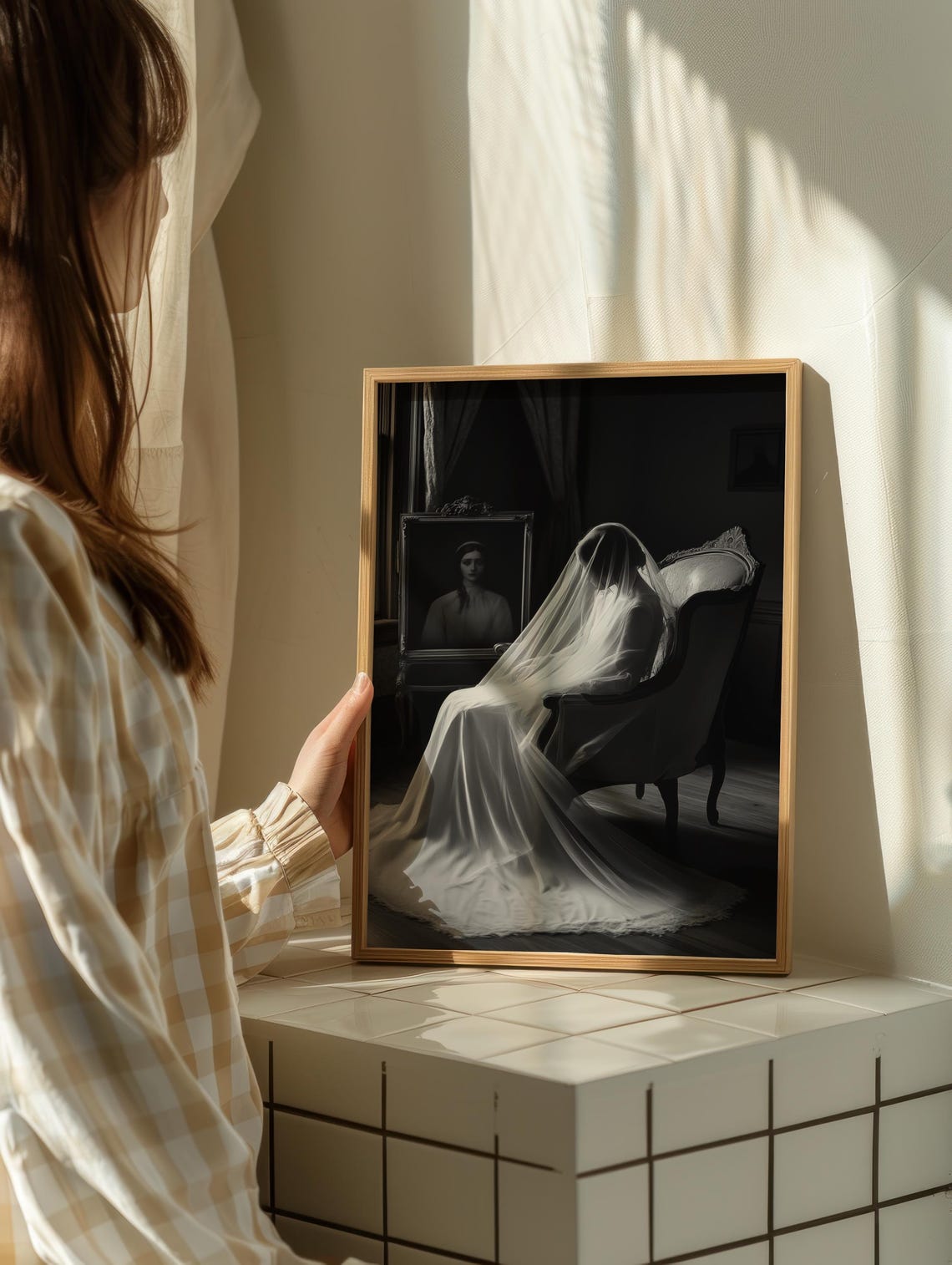 Ghostly Bride In Veil Seated In Gothic Victorian Room Poster - Image 2