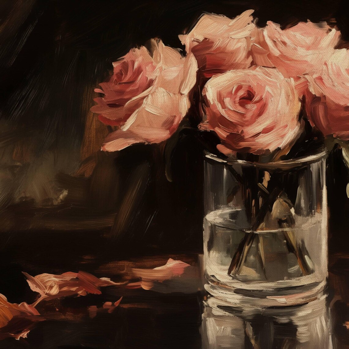 Pink Roses Glass Vase Dark Romantic Floral Oil Painting Poster - Image 4