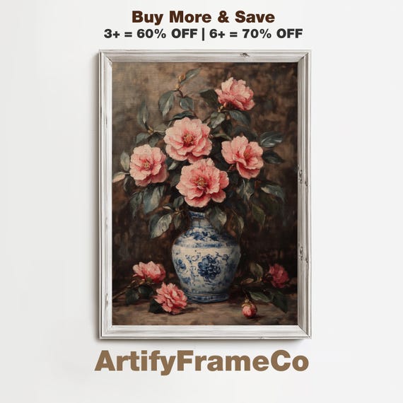 Camellias In Antique Vase Wall Art Vintage Style Bedroom Year Round Oil Painting Nostalgic Cottagecore