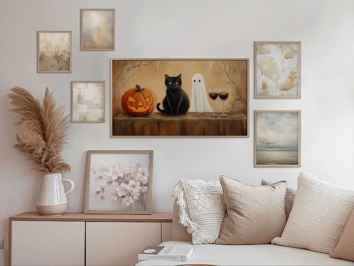Black Cat Ghost Jack O Lantern and Wine Playful Halloween Still Life Wall Art - Image 2