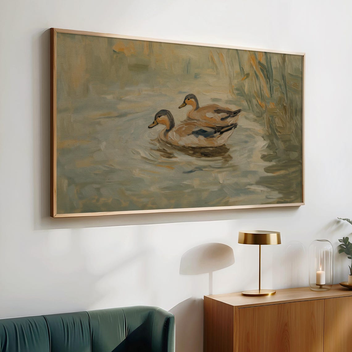 Two Mallard Ducks Swimming Marsh Reeds Impressionist Painting Poster - Image 2