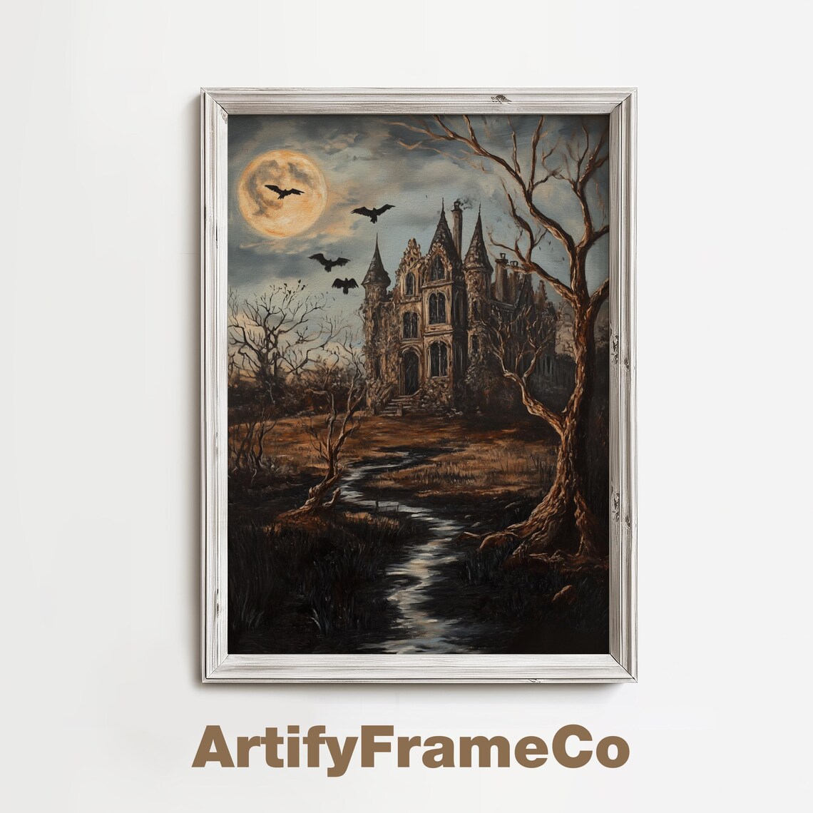 Haunted Gothic Mansion Under Full Moon With Bats Vintage Halloween Wall Art