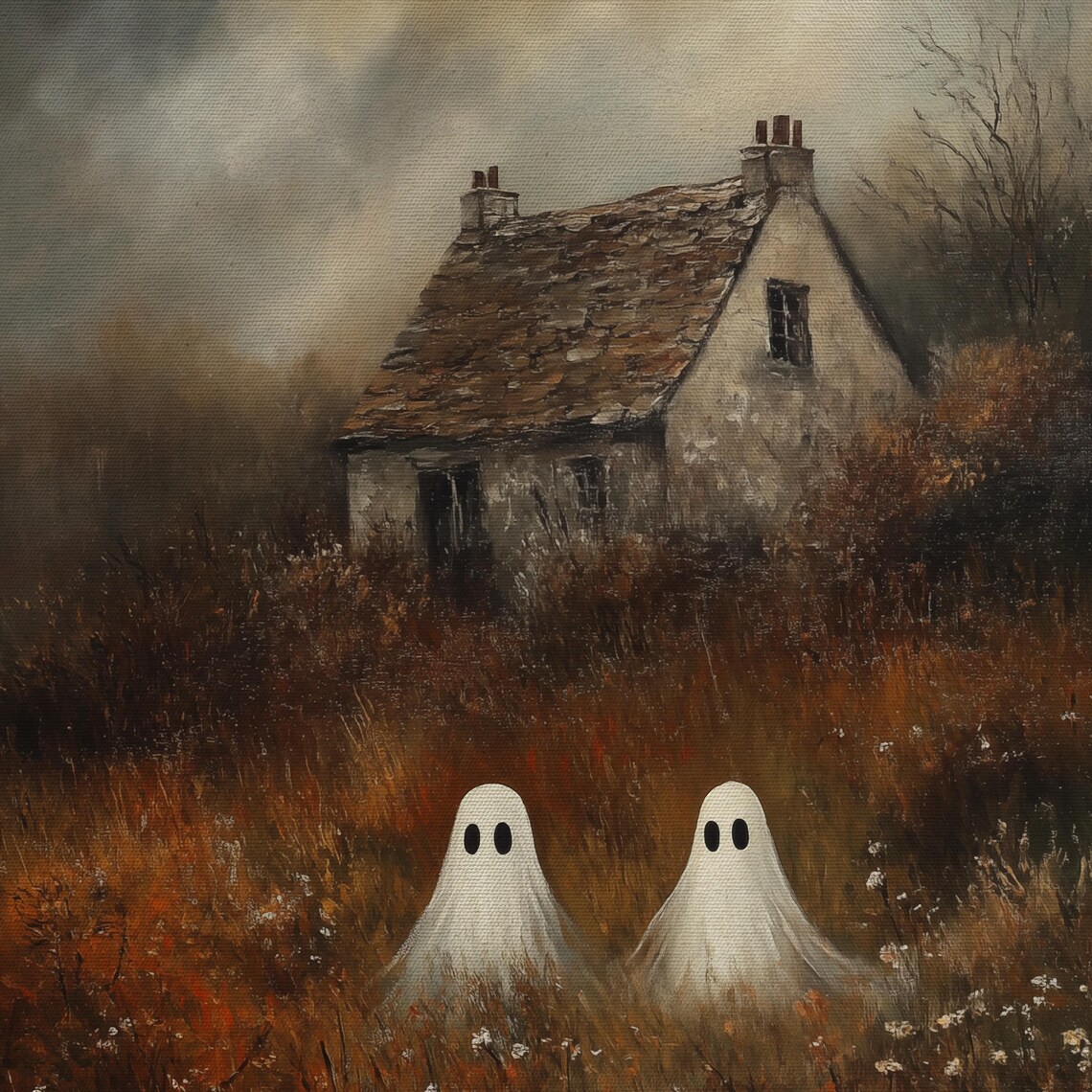 Two Ghosts by a Stone Cottage in Autumn Vintage Halloween Oil Painting Wall Art - Image 4