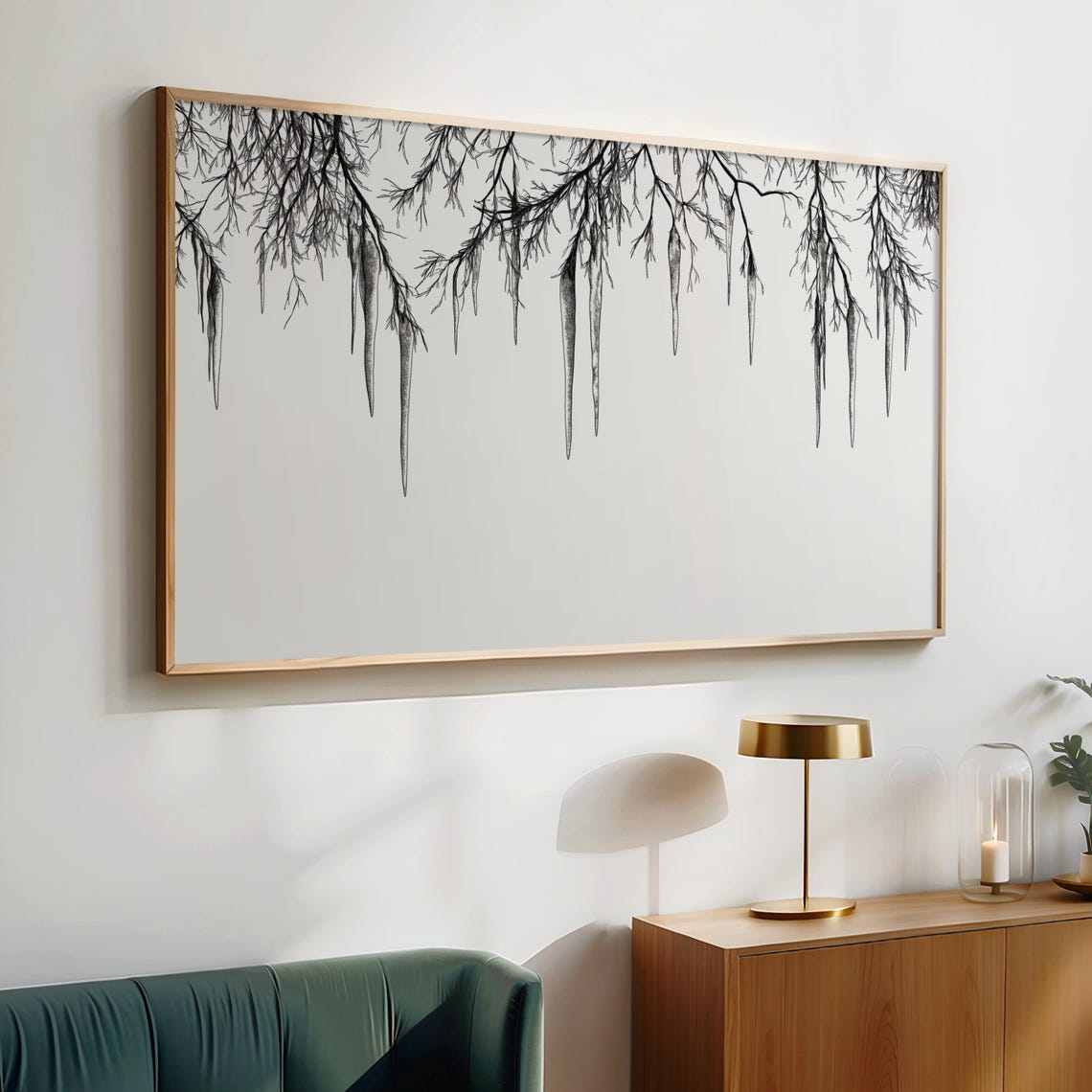 Icicles Hanging From Top Branches Winter Ink Drawing Frame TV Poster - Image 2