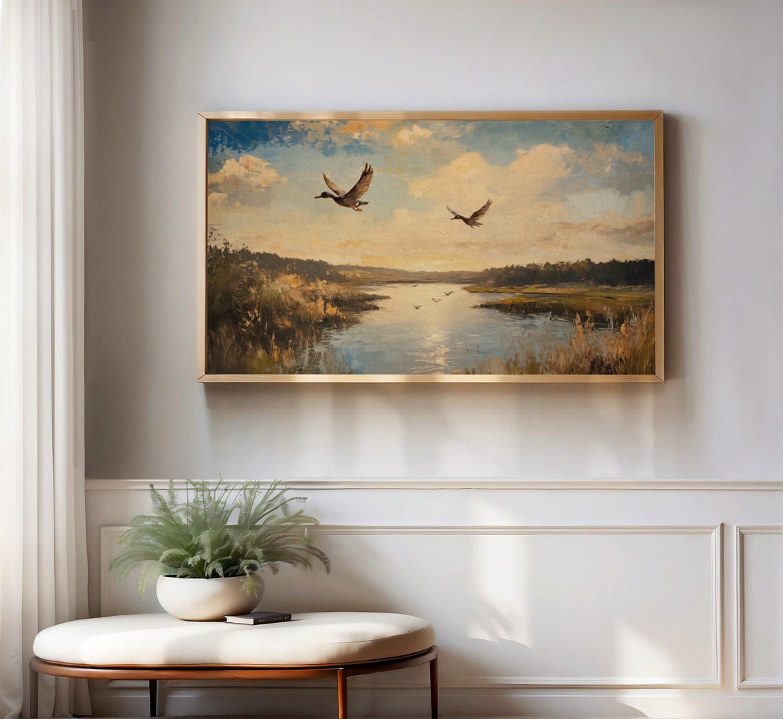 Flying Ducks Marsh Sunset Vintage Wildlife Frame TV Art Poster - Image 3