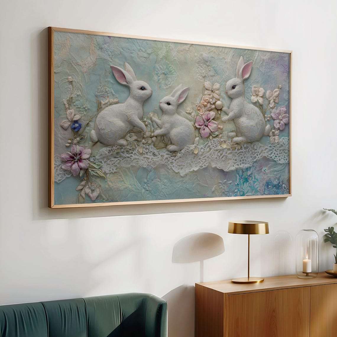 3d Easter Frame Tv Art Cute 3d Embroidered Easter Bunny Vintage Rabbit Family Textured Frame Tv Spring Easter Screensaver Tv111 - Image 2