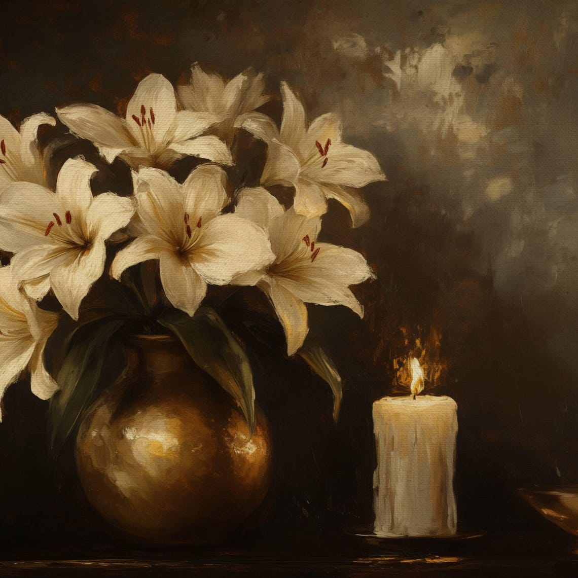 White Lilies Brass Pot Lit Candle Dark Classical Still Life Poster - Image 4