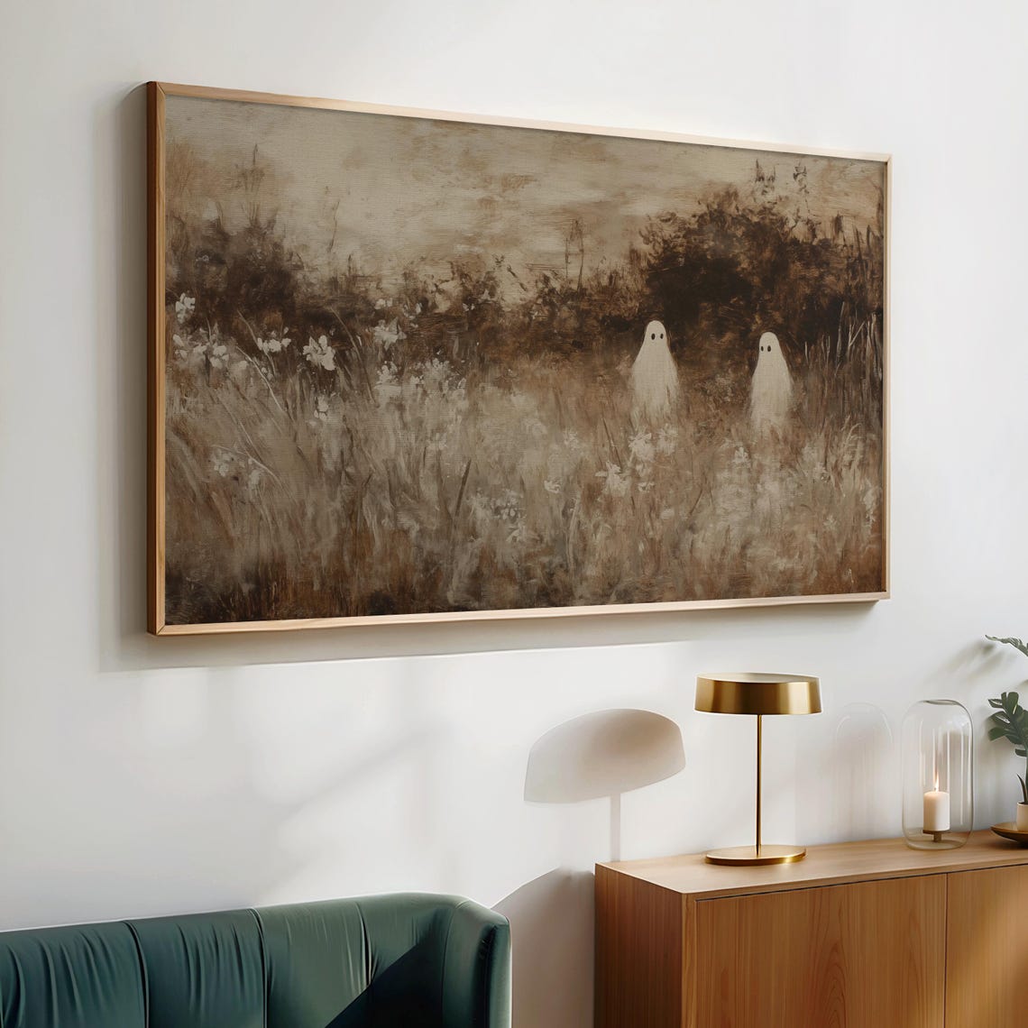 Two Small Ghosts in Tall Autumn Grass Sepia Vintage Halloween Wall Art - Image 4