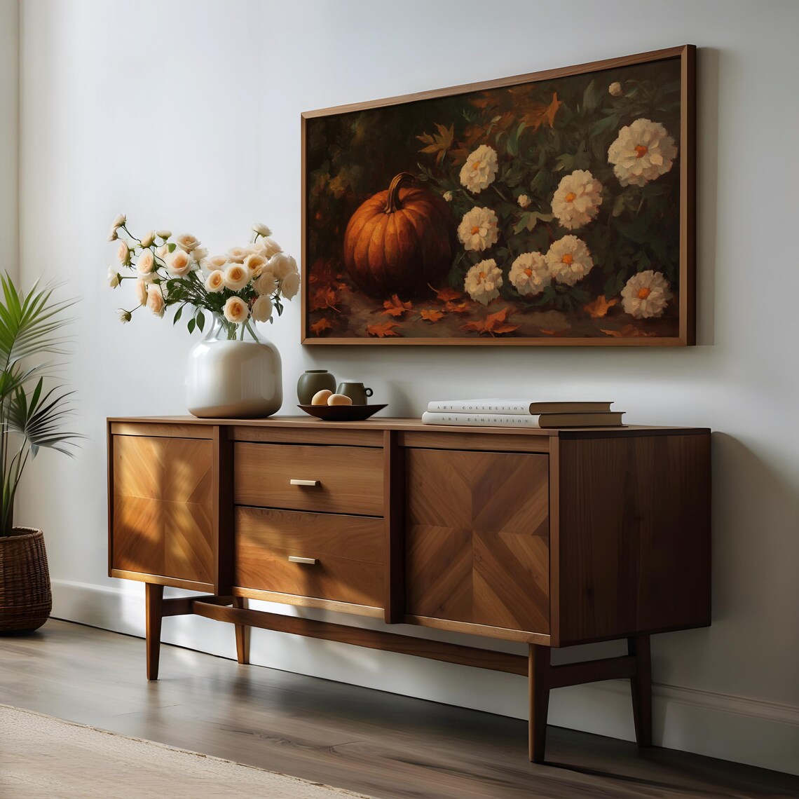 Orange Pumpkin With White Chrysanthemums Autumn Still Life Oil Painting Wall Art - Image 3
