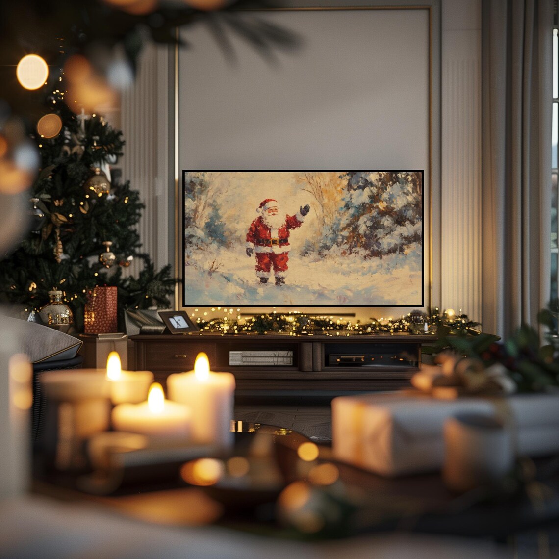 Santa Waving in Snowy Forest Rustic Vintage Christmas Scene Poster - Image 3