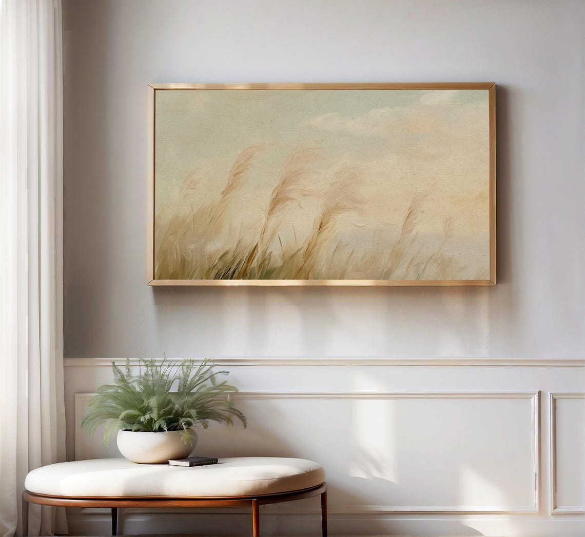 Tall Grasses Blowing Wind Hazy Sky Minimal Landscape Painting Poster - Image 3