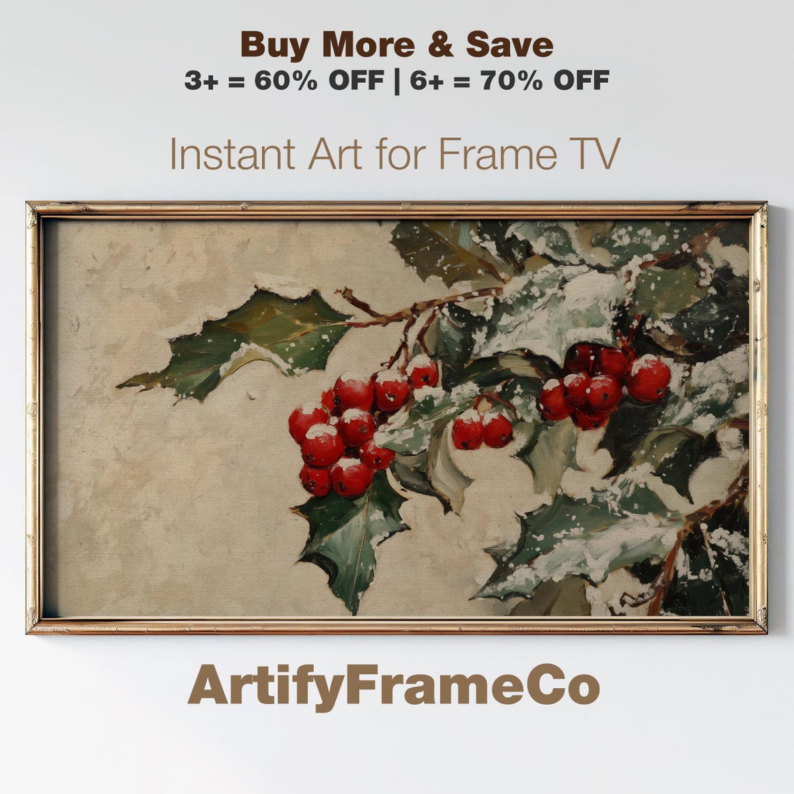 Snowy Holly Leaves Red Berries Frosted Winter Botanical Art Poster