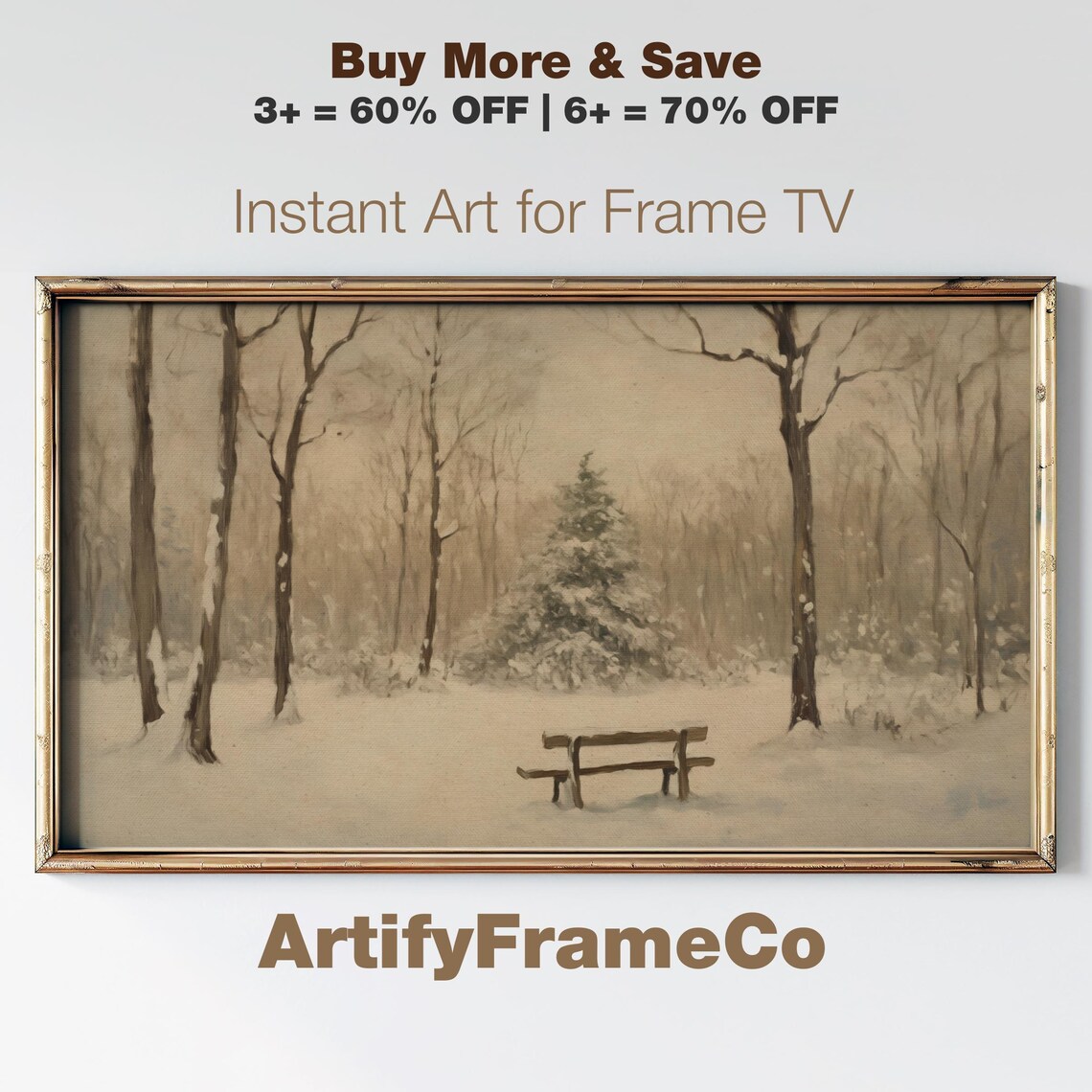 Snowy Winter Forest Bench Vintage Sepia Landscape Oil Painting Poster