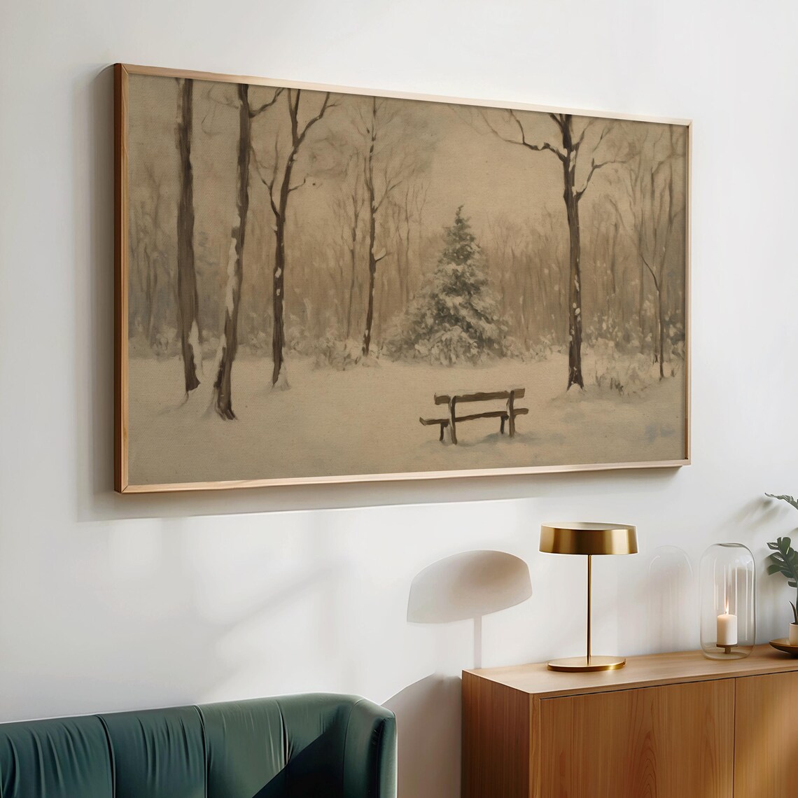 Snowy Winter Forest Bench Vintage Sepia Landscape Oil Painting Poster - Image 2