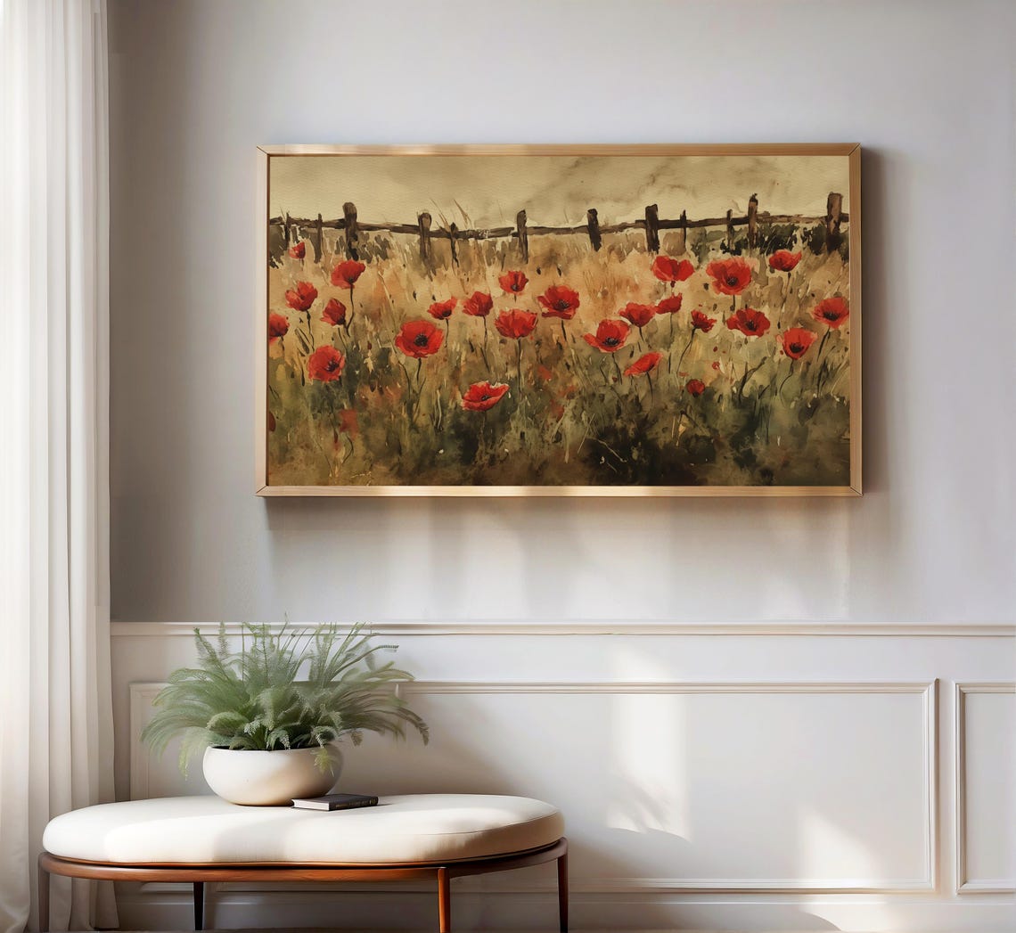 Red Poppy Field Wooden Fence Rustic Watercolor Landscape Poster - Image 3