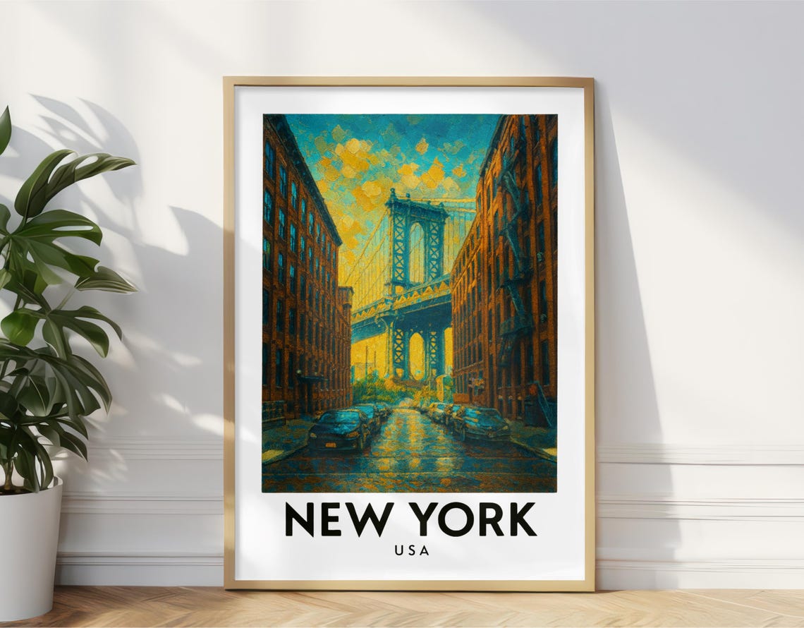 New York Usa Travel Poster City Skyline Street View Wall Art Print Vintage Inspired Urban Decor Nyc Gift Oil Paint