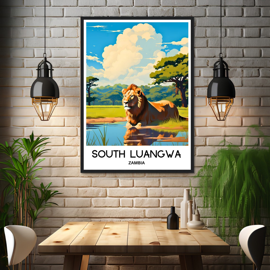 South Luangwa Zambia Resting Lion Safari Waterhole Golden Sky Poster - Image 3