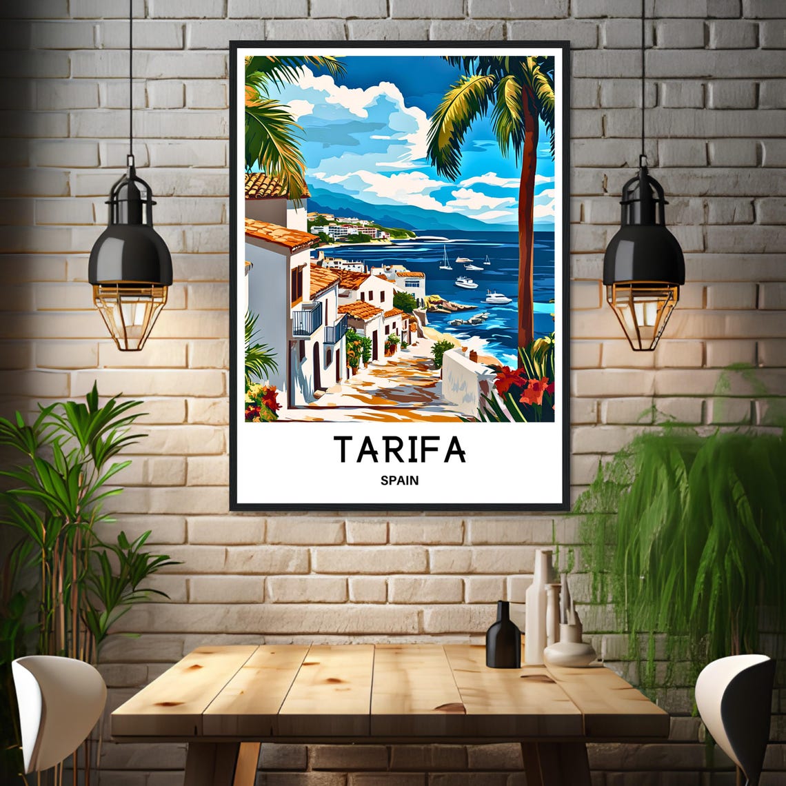 Tarifa Spain Old Town Street White Houses Palm Trees Bay View Poster - Image 3