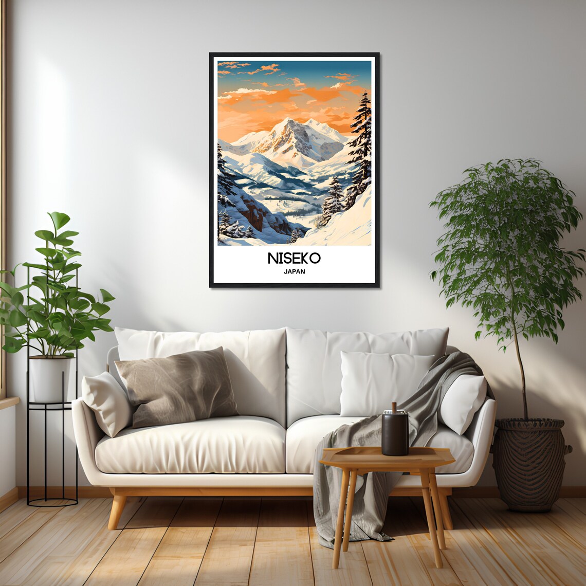 Niseko Japan Snowy Mountain Peaks Pines Sunset Orange Sky Poster - Image 2