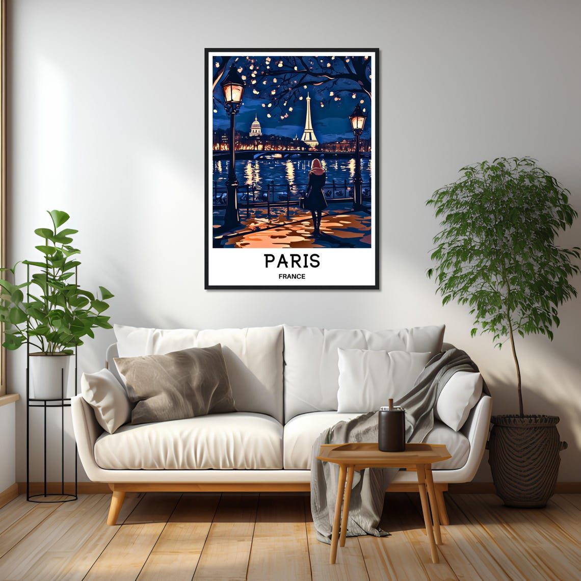 Paris France Eiffel Tower Nighttime Seine River Scene Travel Poster - Image 2