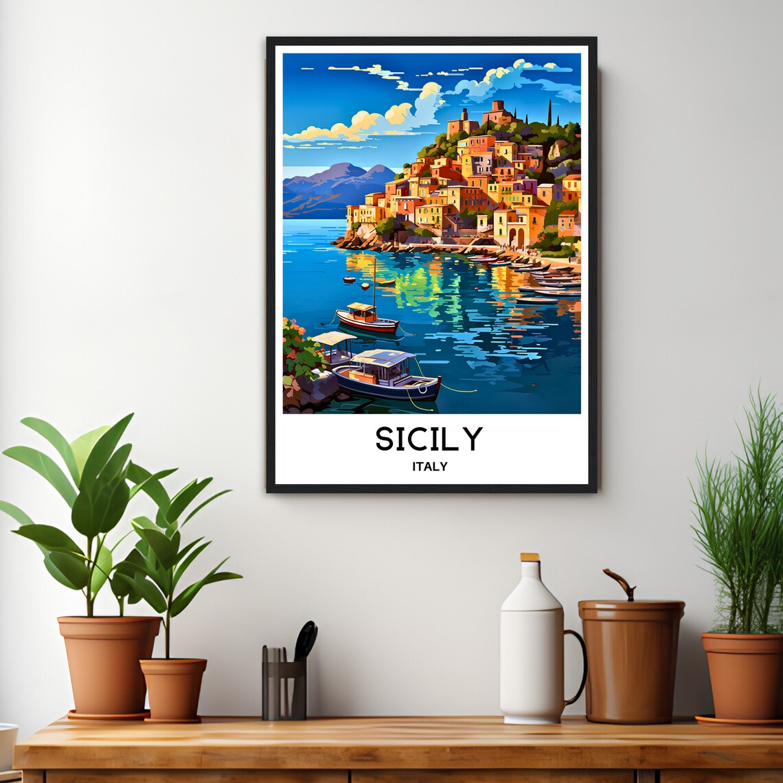 Sicily Italy Colorful Harbor Village Fishing Boats Travel Poster - Image 3