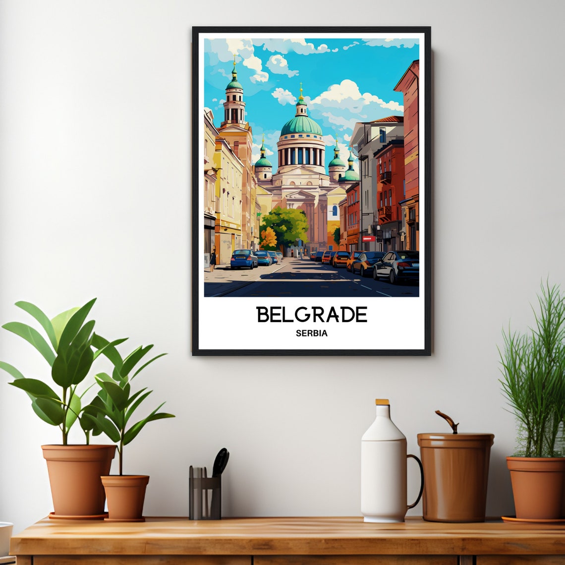 Belgrade Serbia Old Town Street With Green Dome Cathedral Poster - Image 3