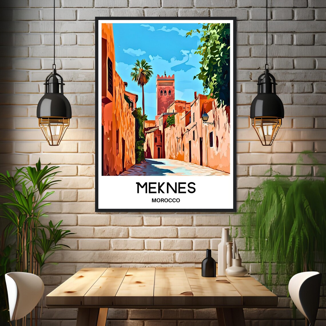 Meknes Morocco Old Town Poster with Ochre Alley and Palm Trees - Image 3