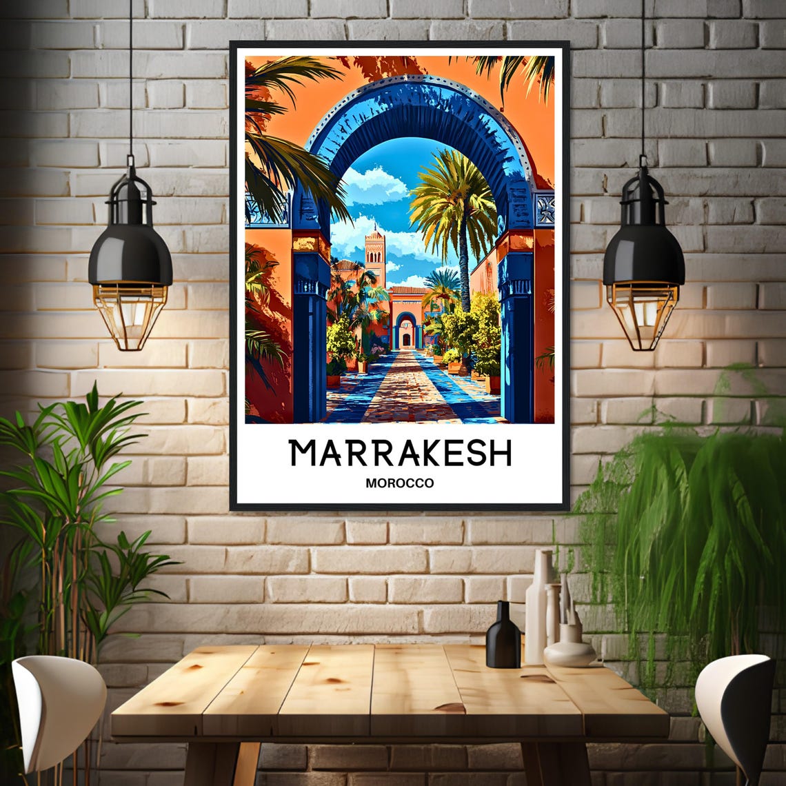 Marrakesh Morocco Blue Arch Palm Tree Courtyard Travel Poster - Image 3