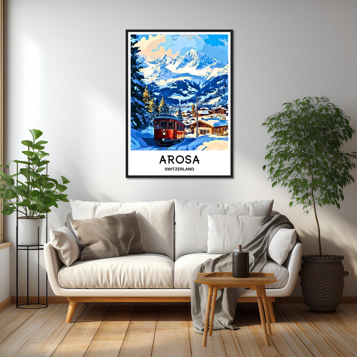 Arosa Switzerland Snowy Ski Village Red Train Alpine Scene Poster - Image 2