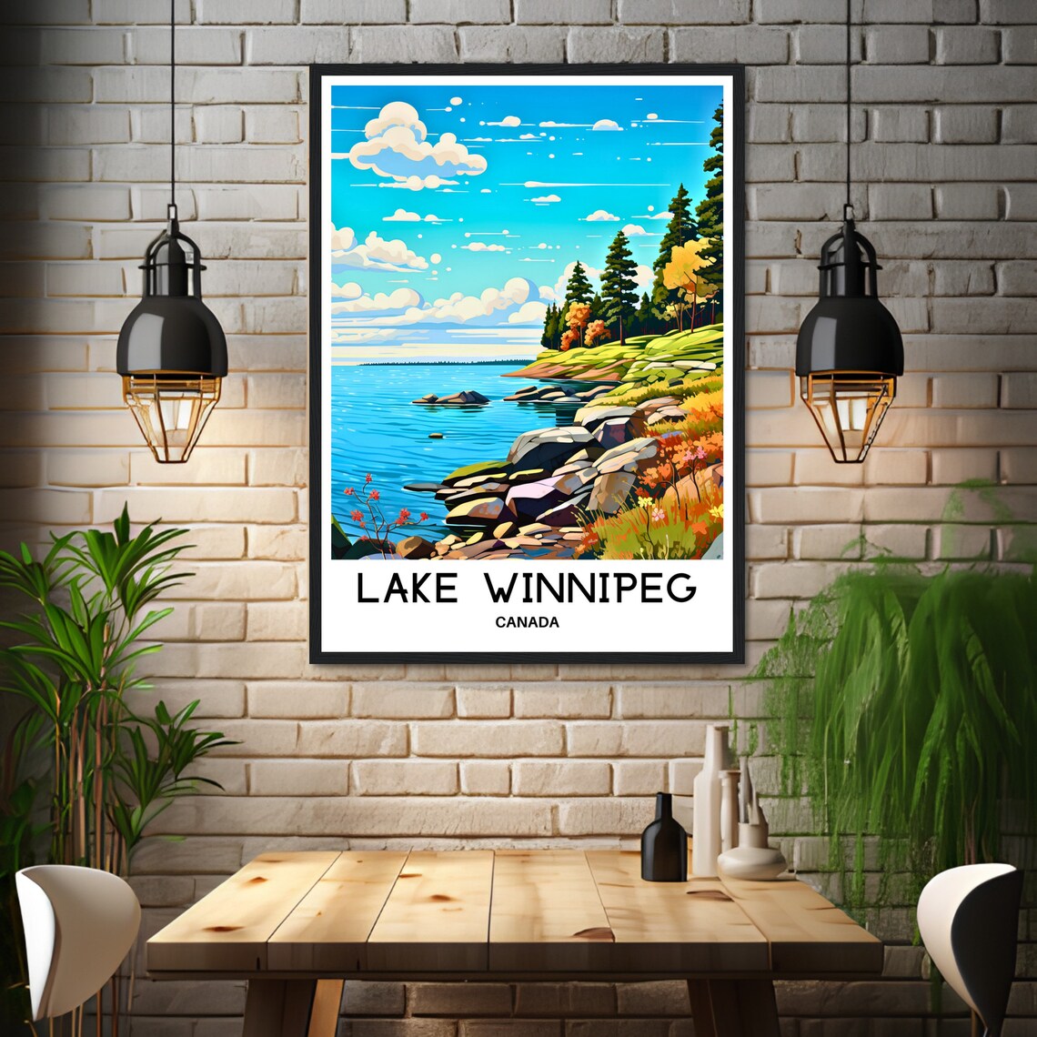 Lake Winnipeg Canada Scenic Rocky Lakeshore Pines Autumn Travel Poster - Image 3