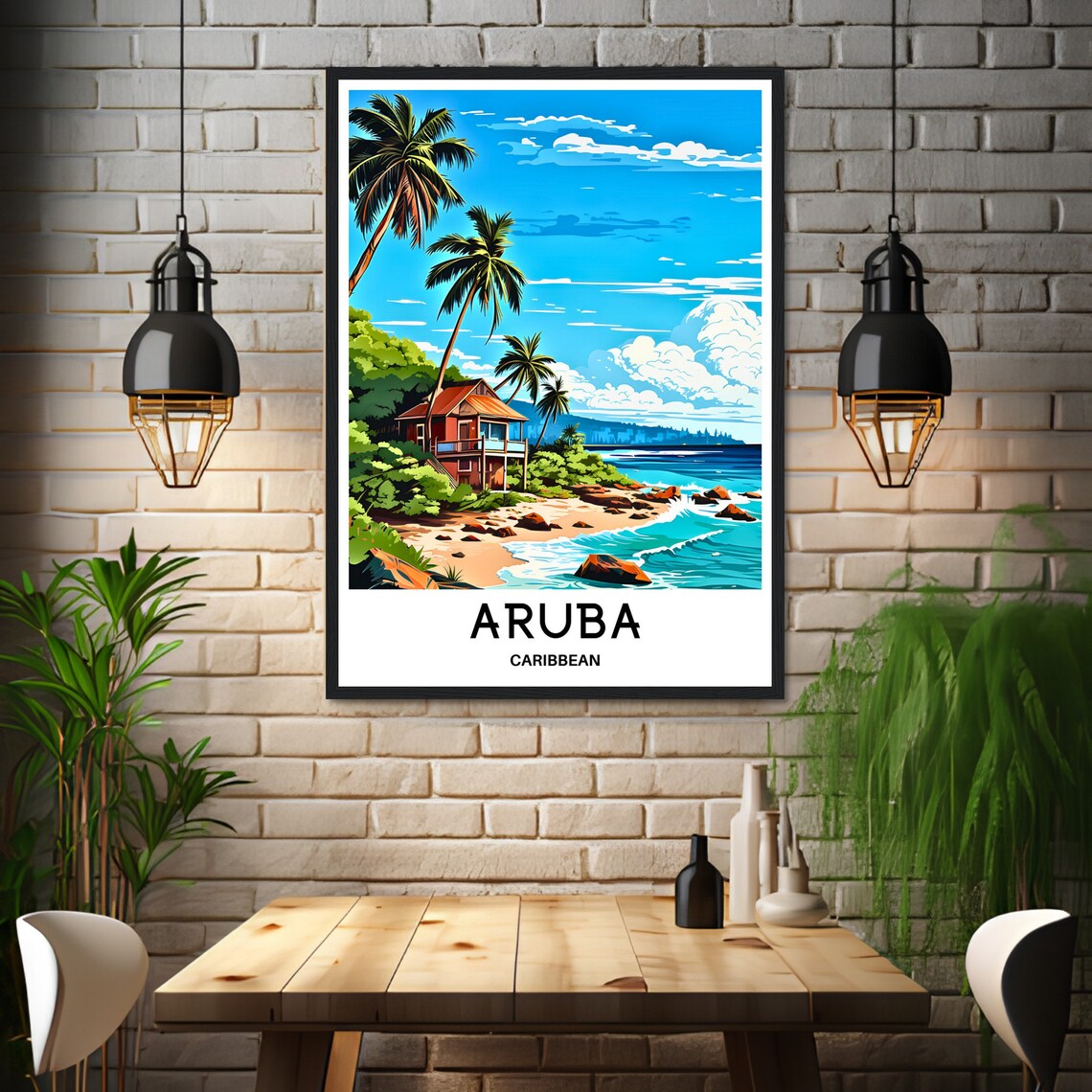 Aruba Tropical Beach House on a Rocky Caribbean Shoreline Poster - Image 3