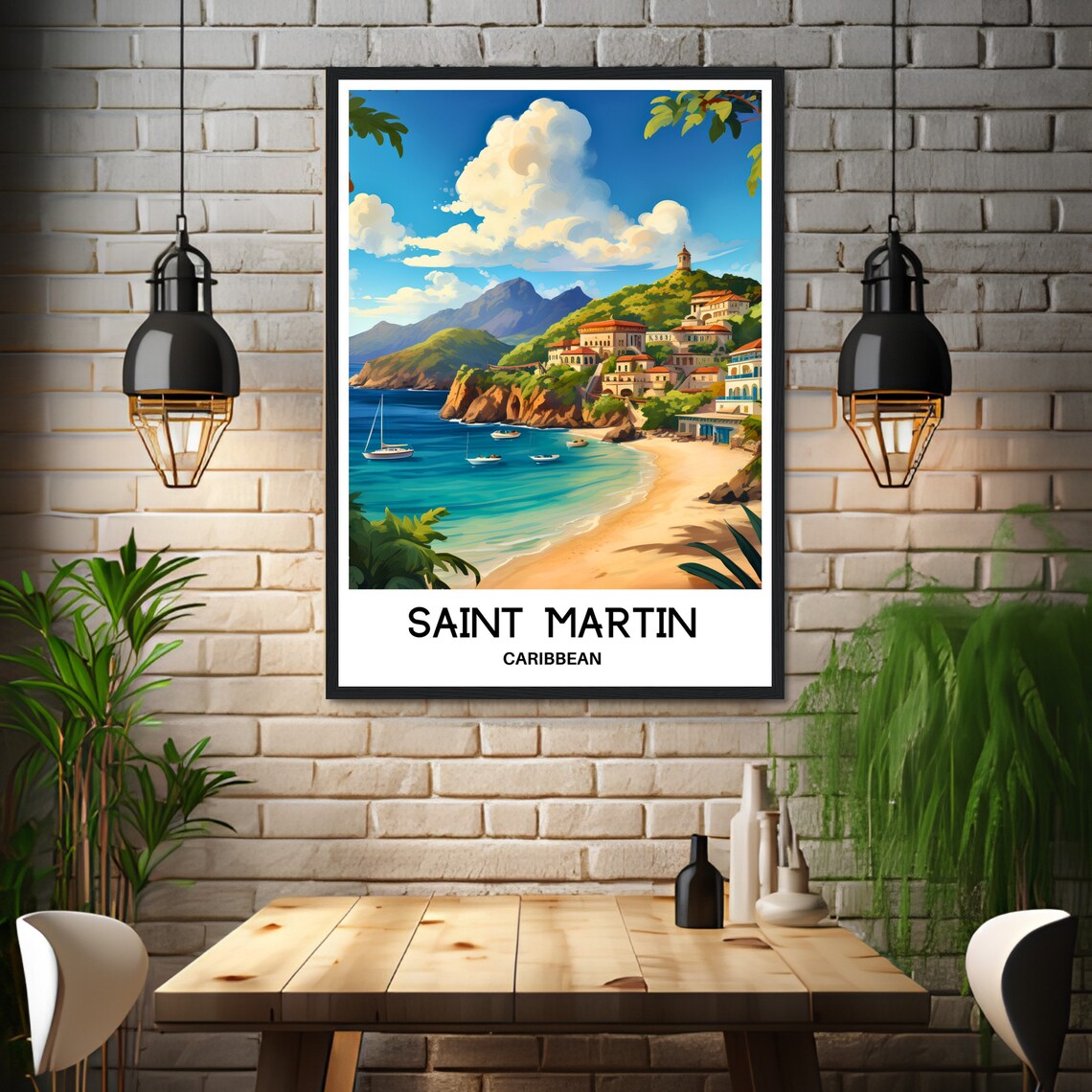 Saint Martin Caribbean Beach Cove Sailboats Travel Art Poster - Image 3