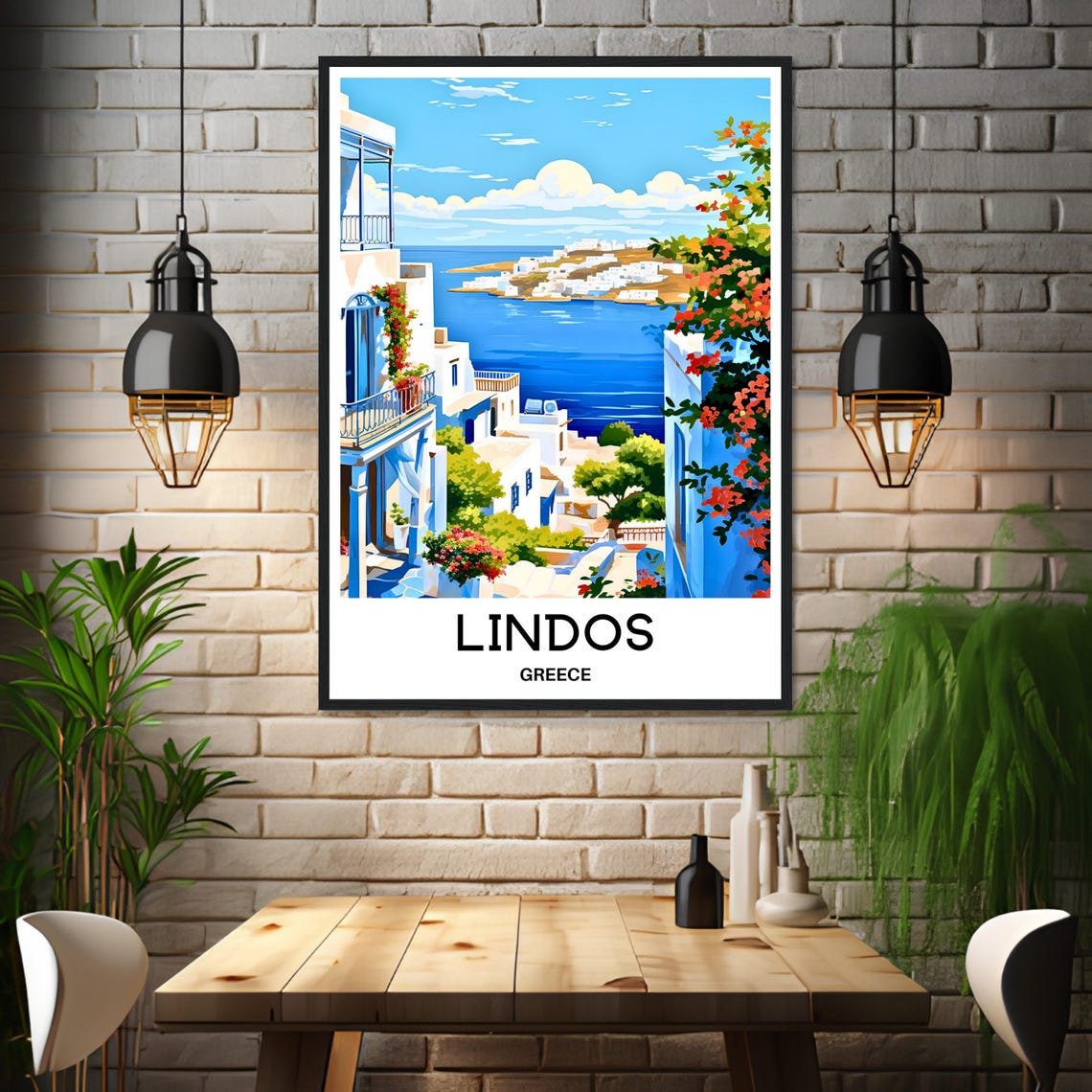 Lindos Greece Whitewashed Village Bougainvillea Seaside Vista Poster - Image 3