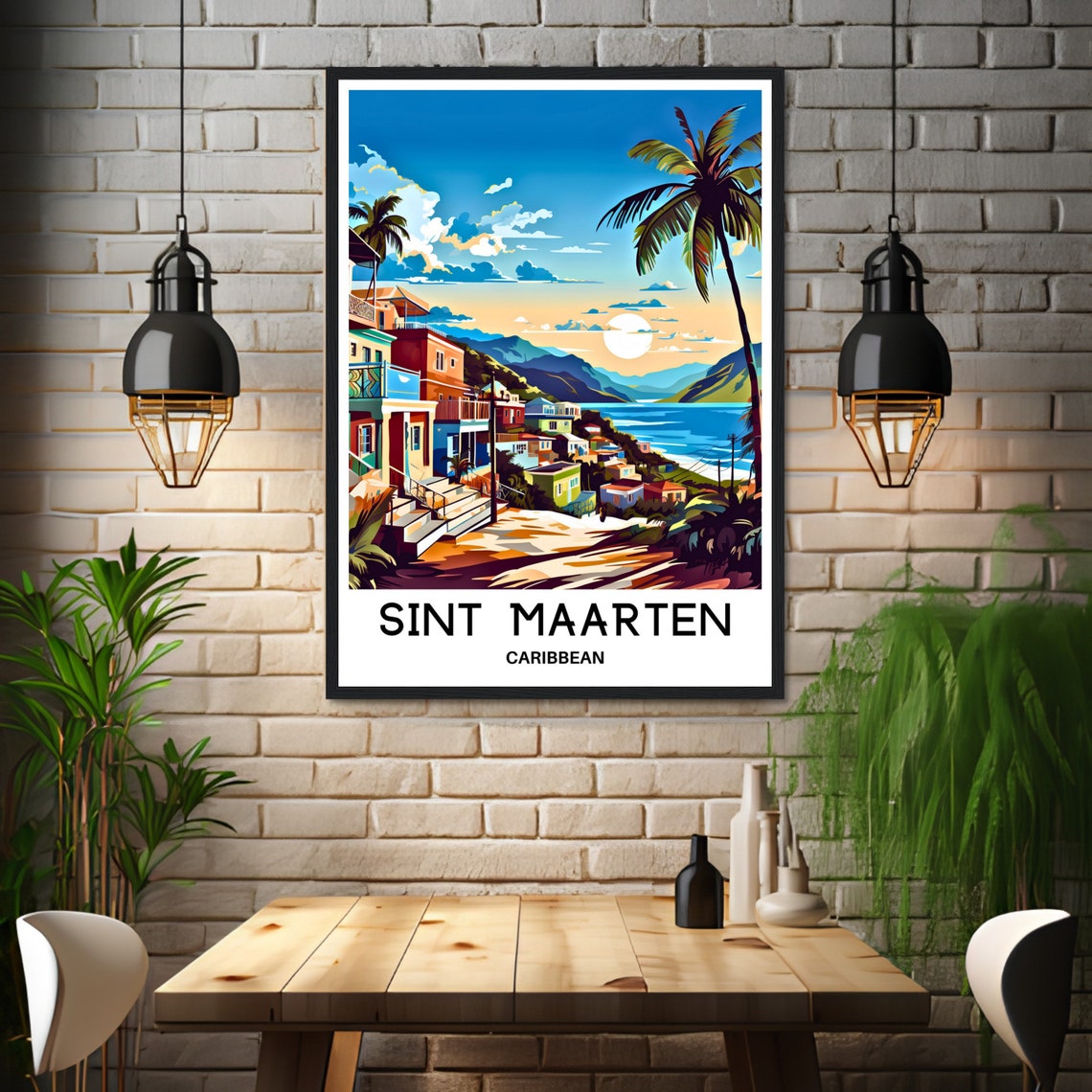 Sint Maarten Caribbean Sunset Coastal Town Travel Art Poster - Image 3