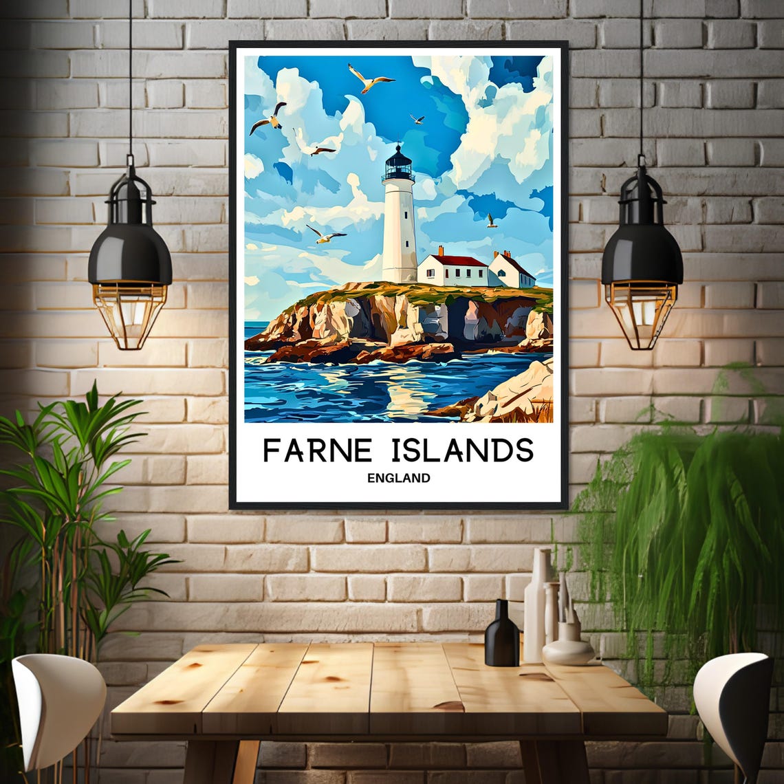 Farne Islands England Lighthouse Seabirds Coastal Illustration Poster - Image 3