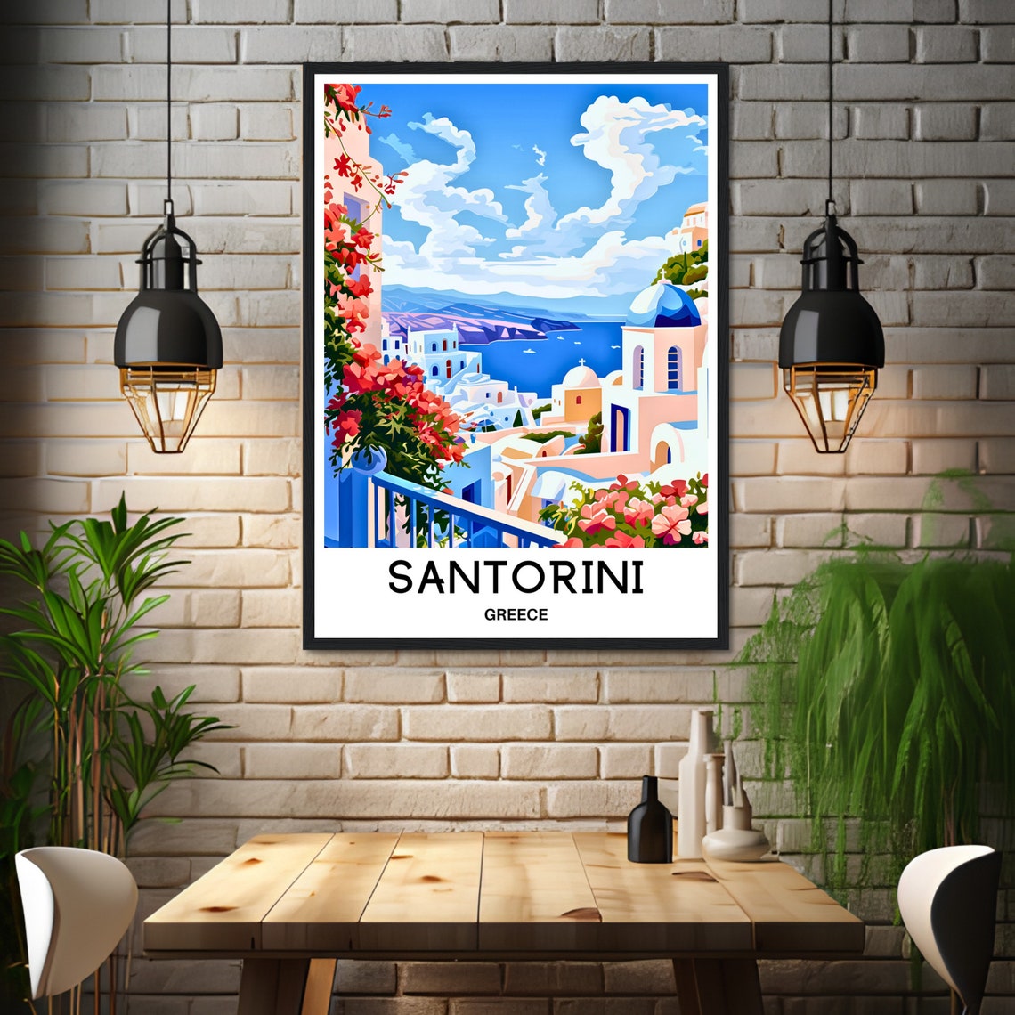 Santorini Blue Dome Caldera Bougainvillea Greece Travel Poster - Image 3