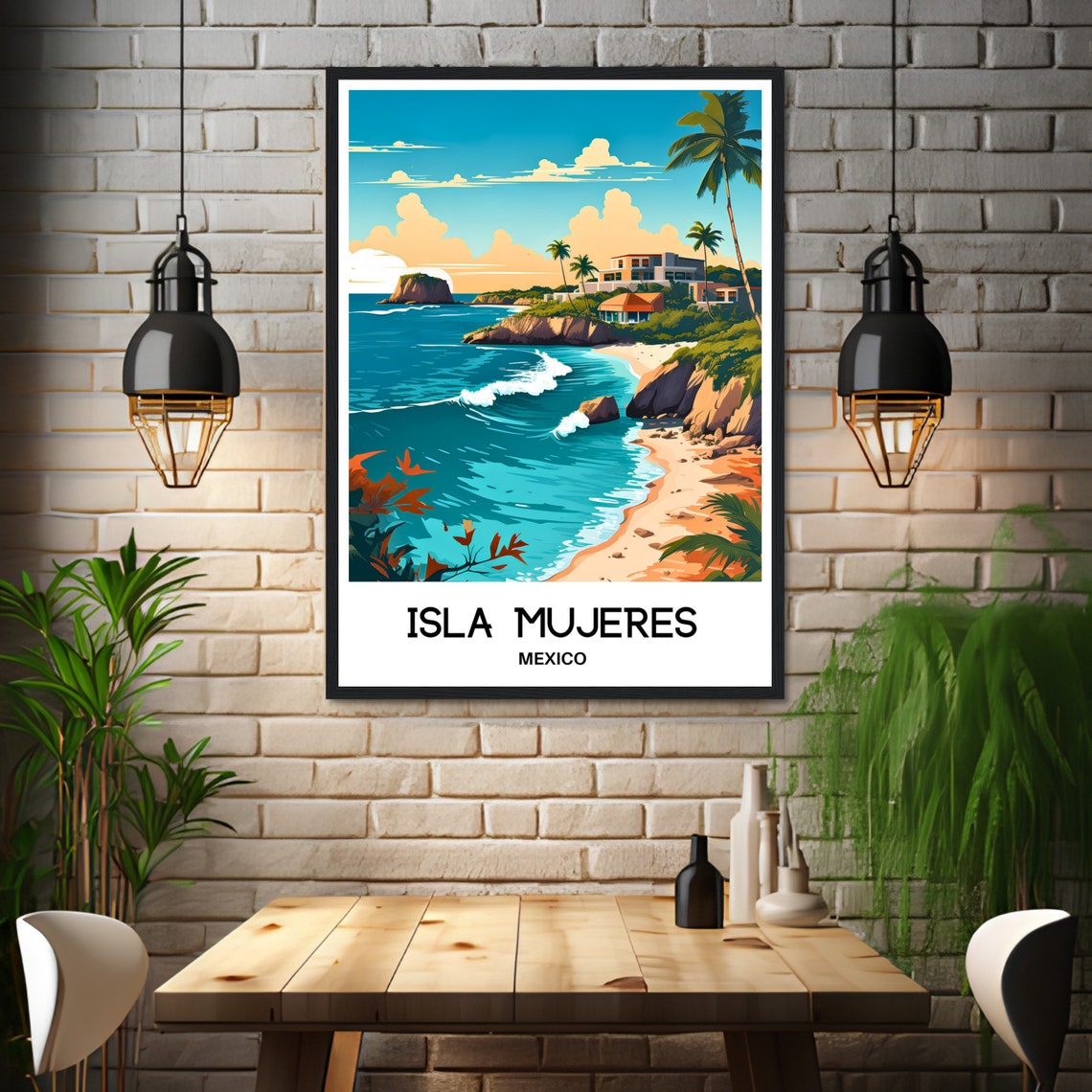 Sunny Isla Mujeres Mexico Rocky Beach Ocean Waves Travel Poster - Image 3