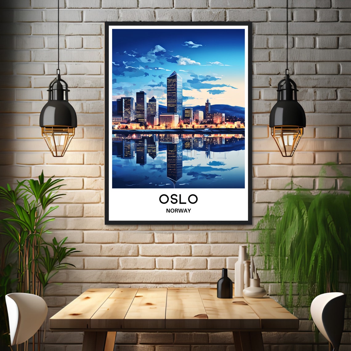 Oslo Norway Night Skyline Lights on Waterfront Harbor Poster - Image 3