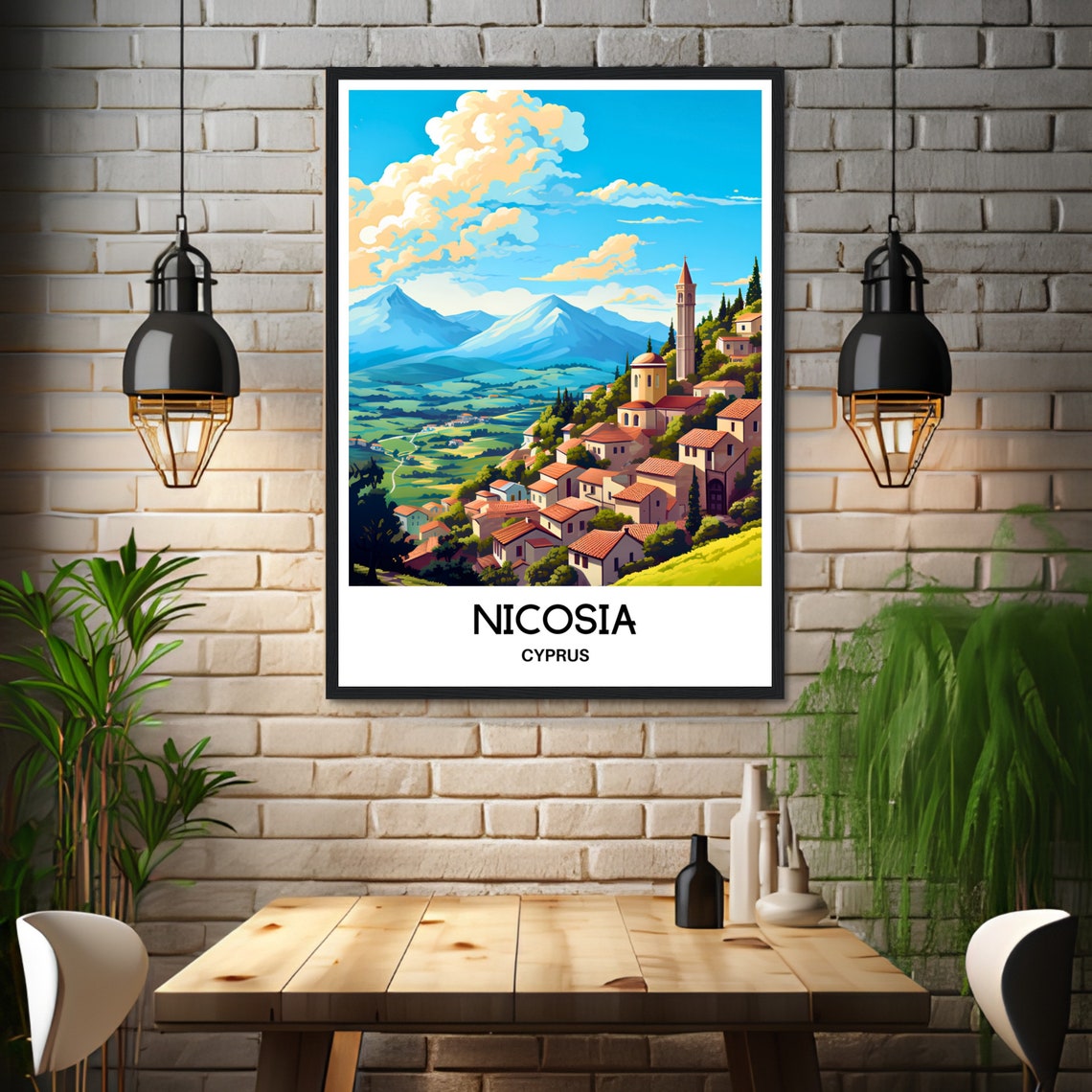 Nicosia Cyprus Hillside Village with Mountain Backdrop Poster - Image 3