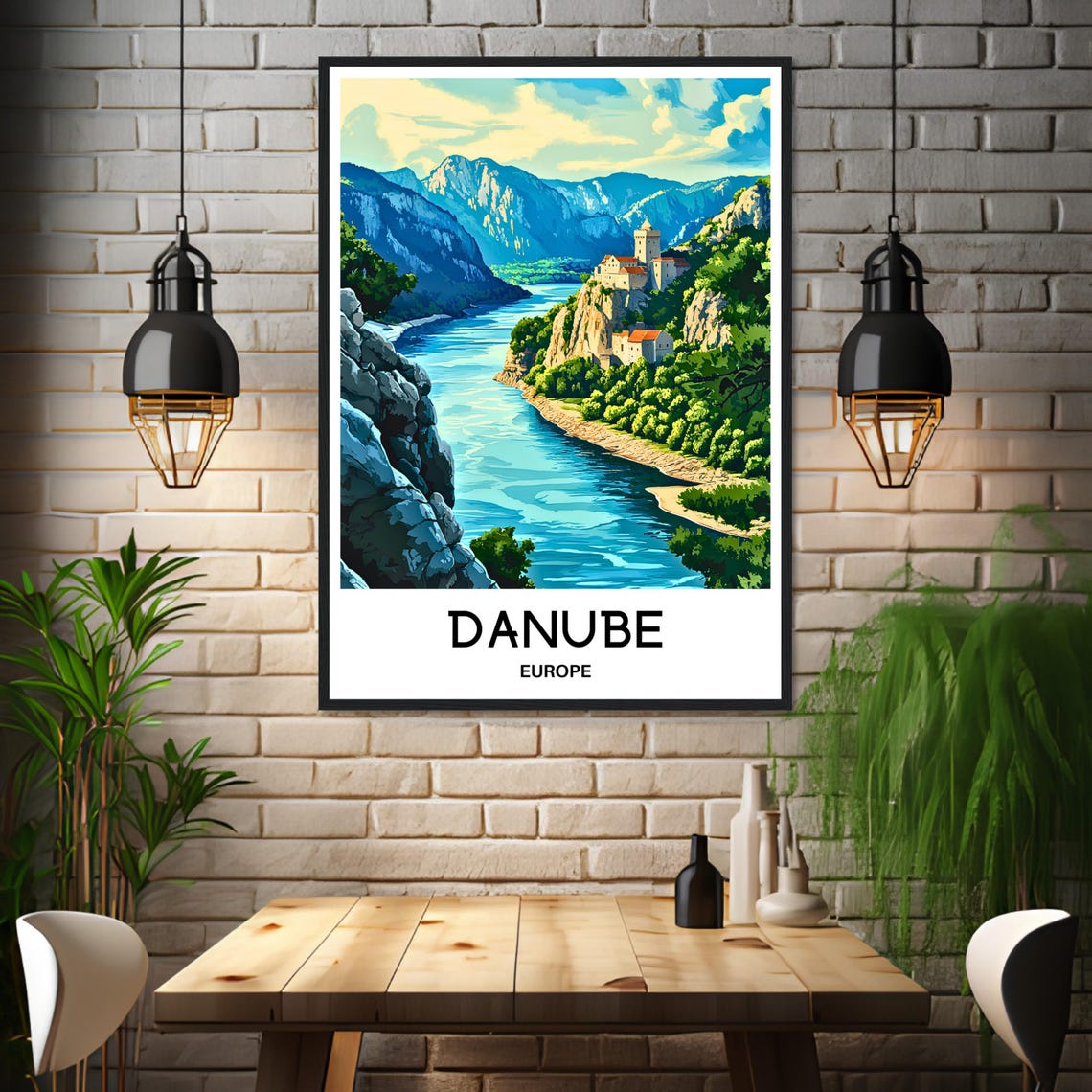 Danube River Gorge Castle Europe Scenic Travel Illustration Poster - Image 3