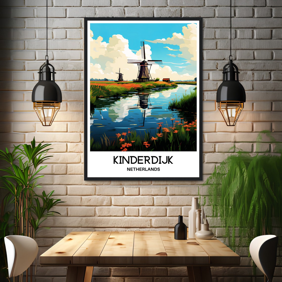 Kinderdijk Netherlands Windmills Canal Reflection Travel Poster - Image 3