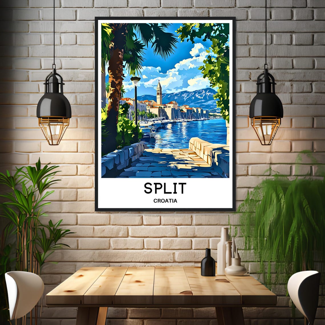 Split Croatia Sunny Harbor Waterfront Promenade Illustration Poster - Image 3