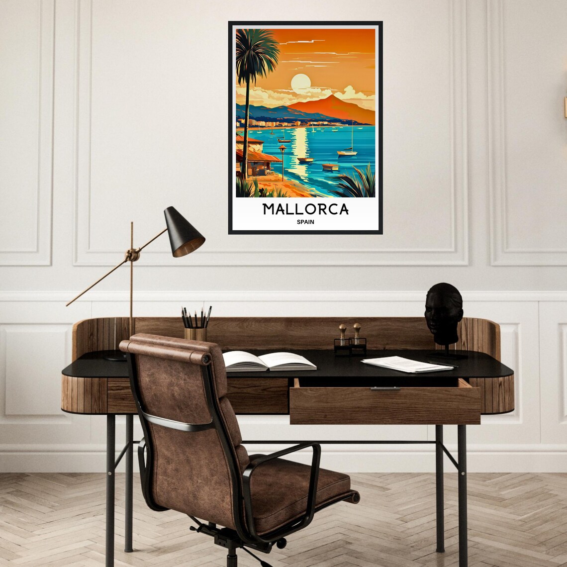 Mallorca Spain Sunset Beach Palm Boats Vintage Travel Poster - Image 2