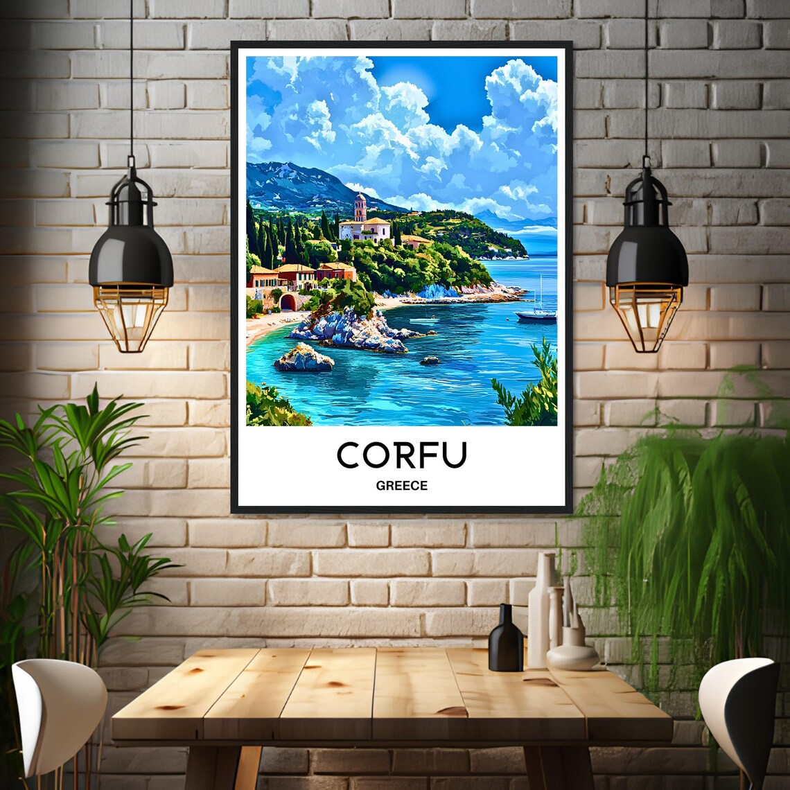 Vibrant Corfu Greece Coastal Town Church Bay Island Travel Poster - Image 3