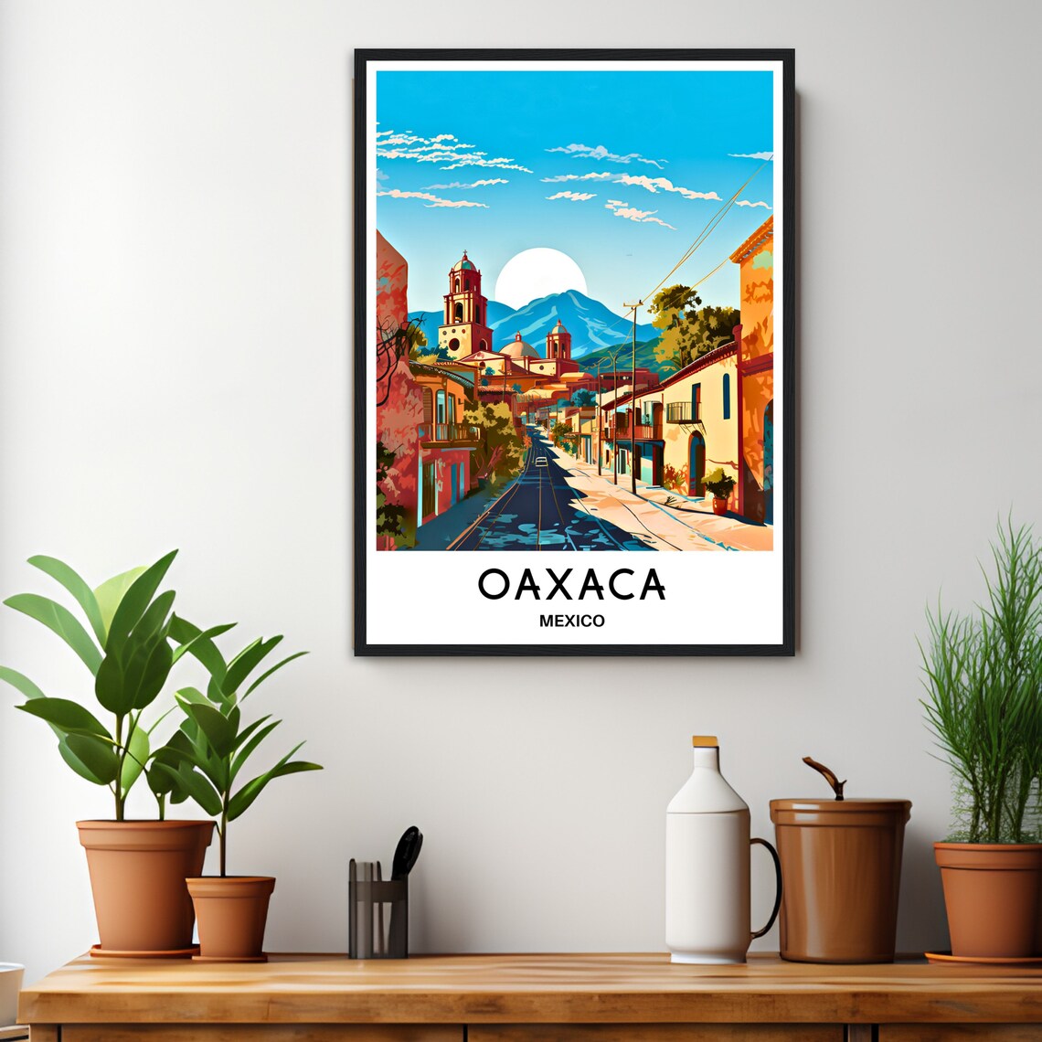 Oaxaca Mexico Colonial Street Church Towers Mountain View Poster - Image 3