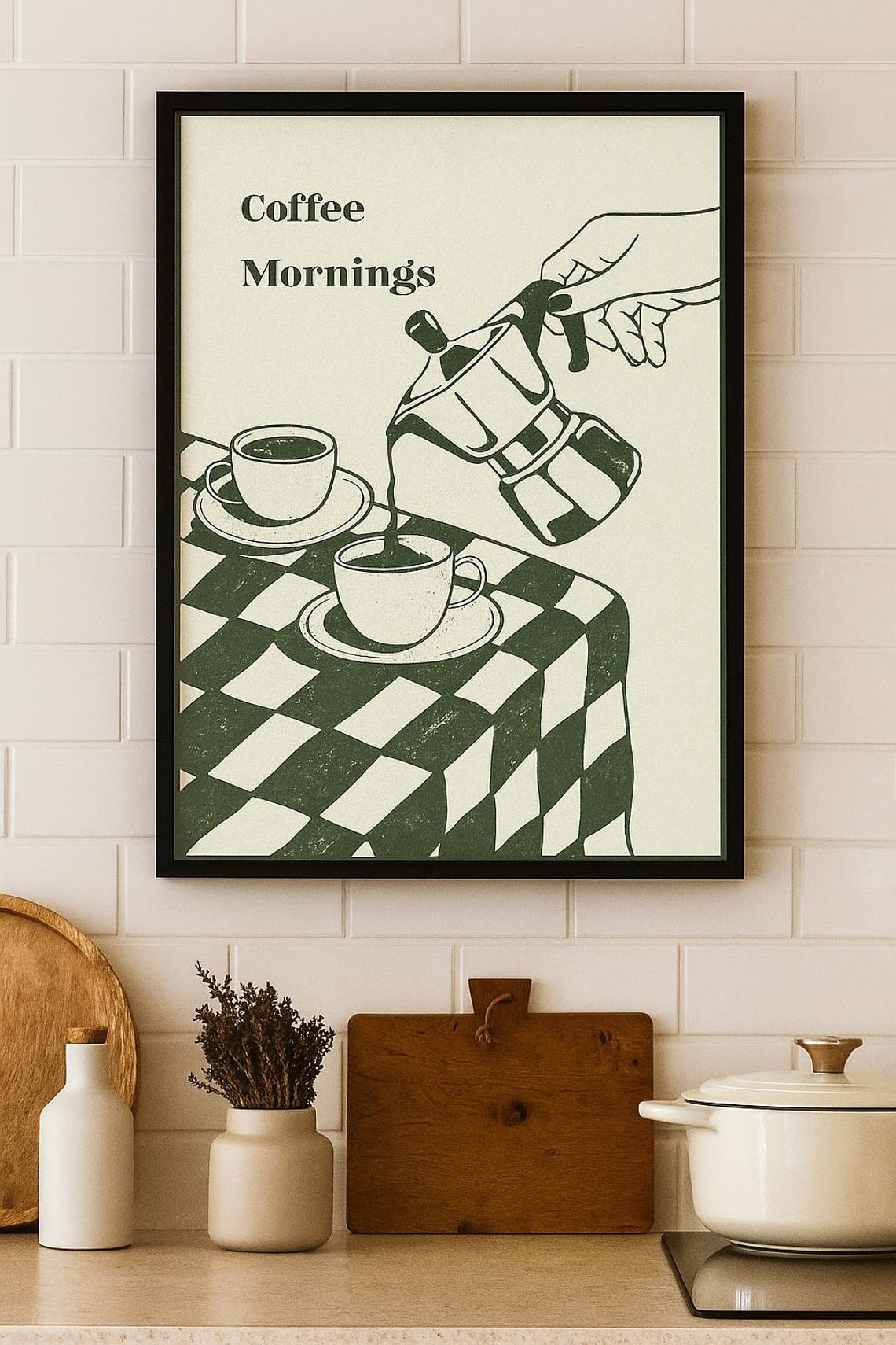 Coffee Mornings Vintage Moka Pot Checkered Tablecloth Art Print